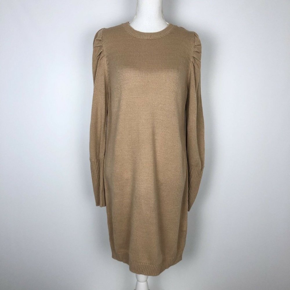 NWT WAYF Lola Puff Sleeve Knit Sweater Dress Knee Length Camel Beige Tan Medium